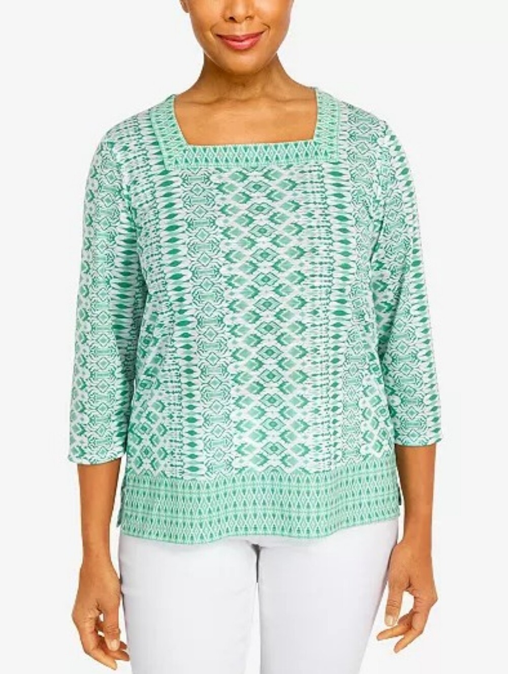 Alfred Dunner Large Green Geometric Print Top Embellished 3/4 Sleeve L